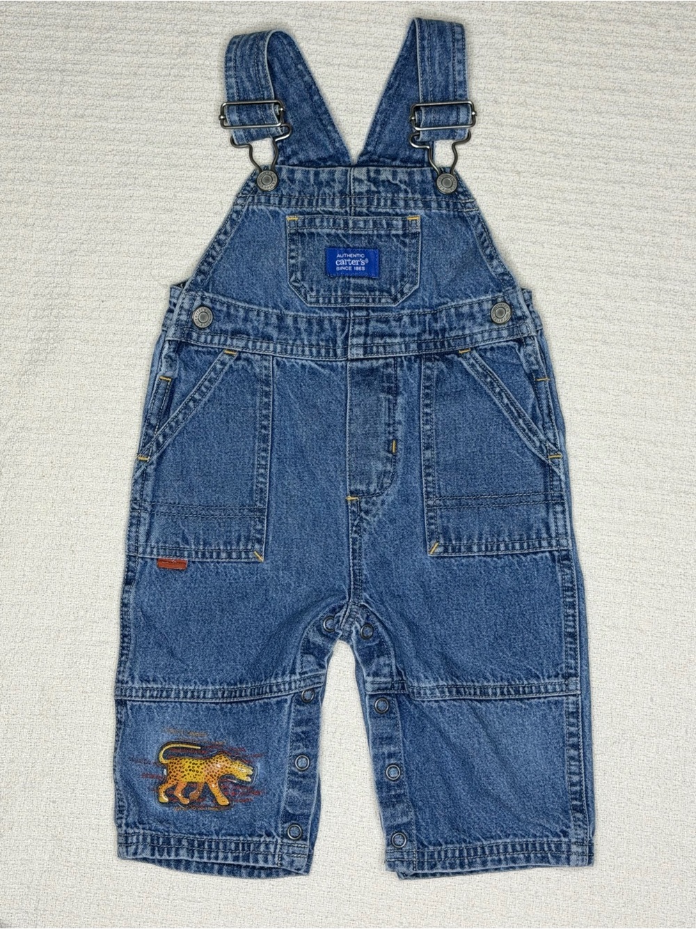 Eric Carle Carter's Blue Denim Baby Overalls with 3D Leopard Patch 6-9m